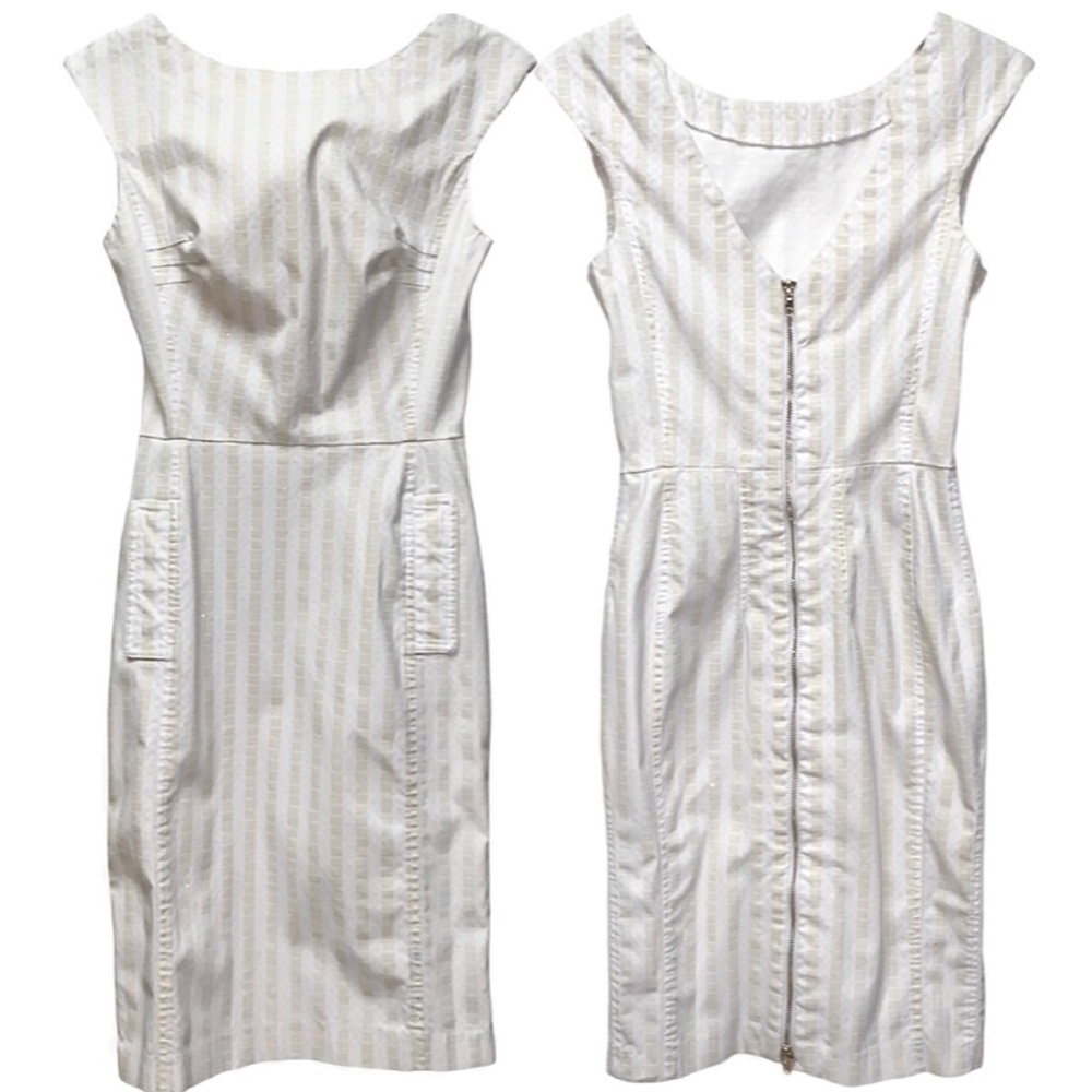 Alberto Makali gold white striped stretch midi zipper dress women’s size small